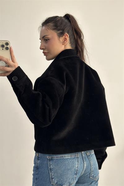 Premium Cep Detaylı Tüy Dokulu Siyah Ceket
