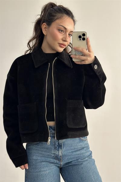 Premium Cep Detaylı Tüy Dokulu Siyah Ceket
