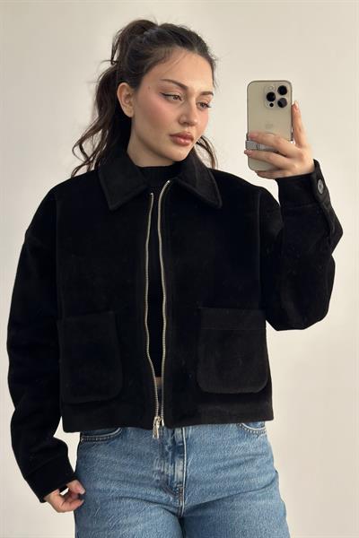 Premium Cep Detaylı Tüy Dokulu Siyah Ceket
