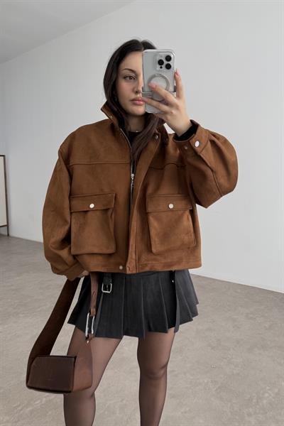 Premium Cep Detaylı Yakası Kemerli Süet Kahve Ceket