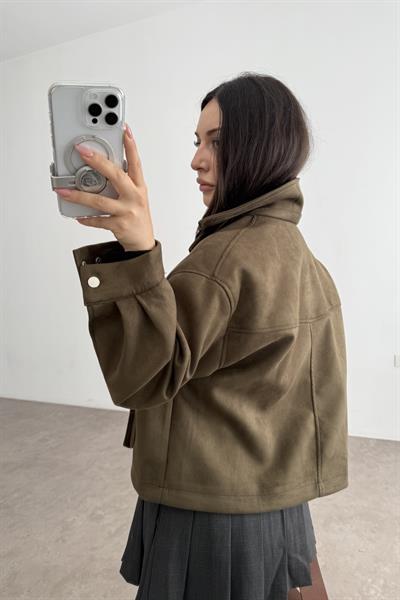 Premium Cep Detaylı Yakası Kemerli Süet Haki Ceket