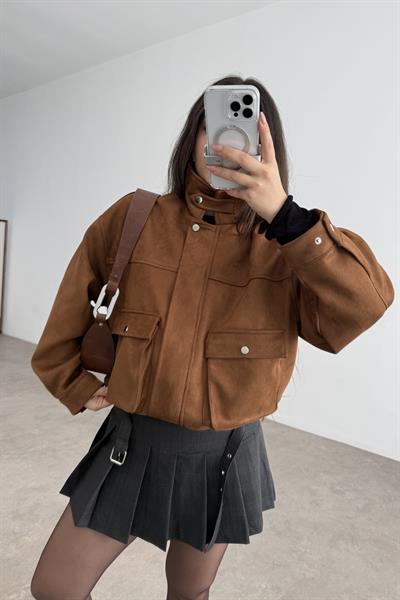 Premium Cep Detaylı Yakası Kemerli Süet Kahve Ceket