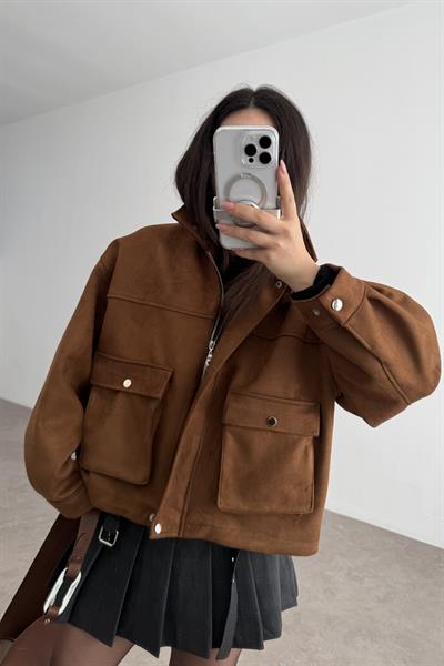 Premium Cep Detaylı Yakası Kemerli Süet Kahve Ceket