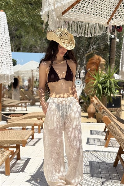 Premium Çiçek Nakışlı Ekru Pantolon