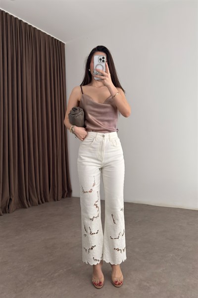 Premium Çiçek Nakışlı Lazer Kesim Ekru Jean 