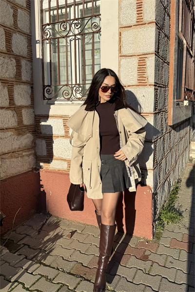 Premium Çıkarılabilir Pelerinli Kapüşonlu Bej Trenç