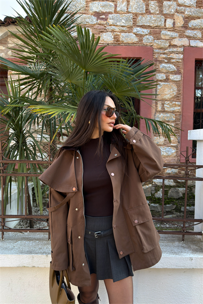 Premium Çıkarılabilir Pelerinli Kapüşonlu Kahve Trenç