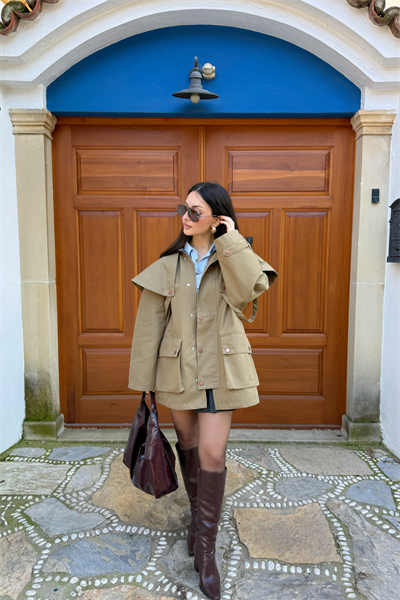 Premium Çıkarılabilir Pelerinli Kapüşonlu Haki Trenç