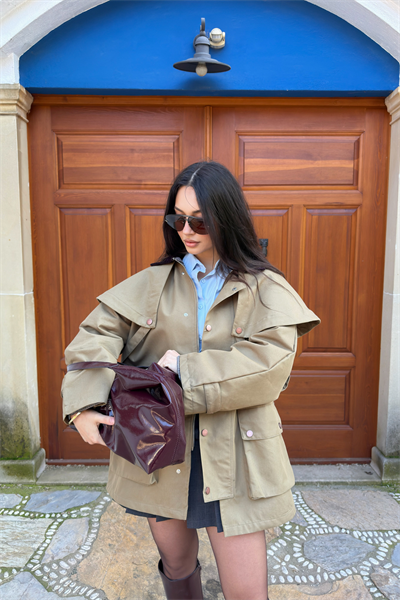 Premium Çıkarılabilir Pelerinli Kapüşonlu Haki Trenç