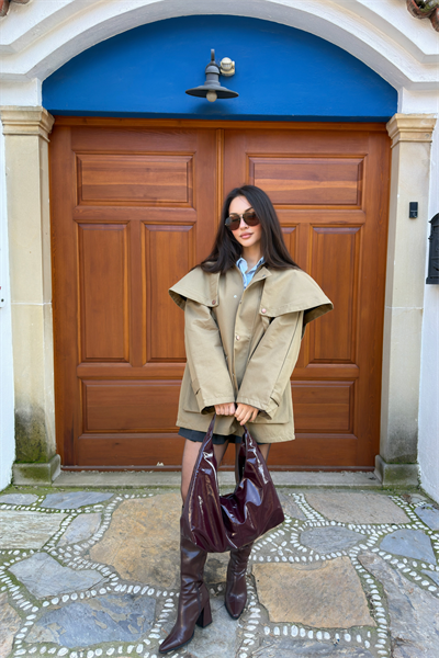 Premium Çıkarılabilir Pelerinli Kapüşonlu Haki Trenç