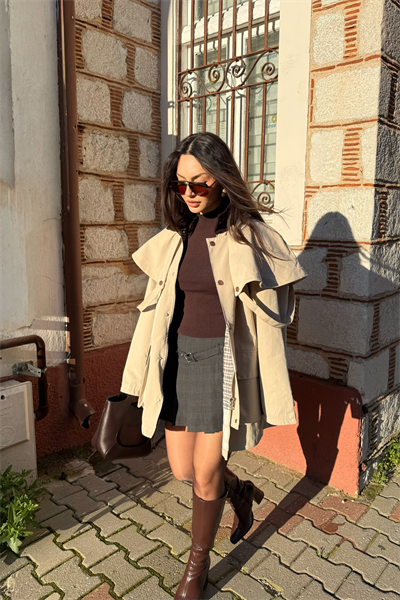 Premium Çıkarılabilir Pelerinli Kapüşonlu Bej Trenç