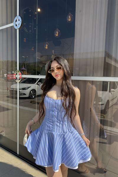 Premium Çizgili Mavi Bağlamalı Askılı Elbise