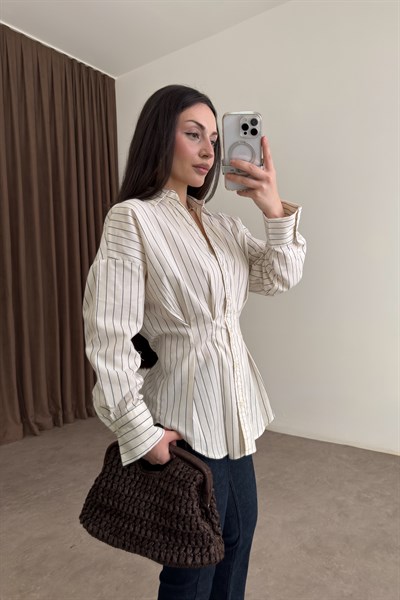 Premium Çizgili Pileli Ekru Gömlek