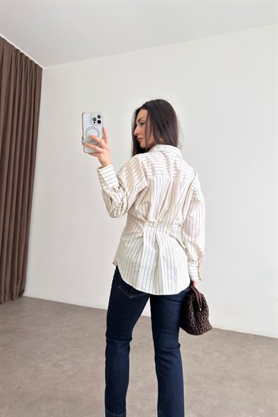 Premium Çizgili Pileli Ekru Gömlek