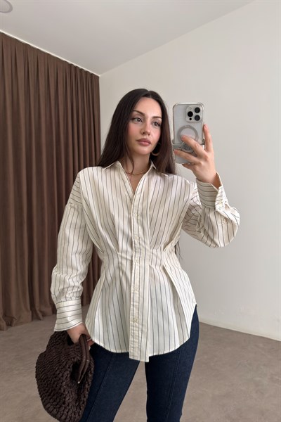 Premium Çizgili Pileli Ekru Gömlek