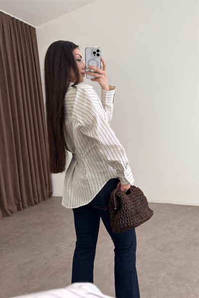 Premium Çizgili Pileli Ekru Gömlek