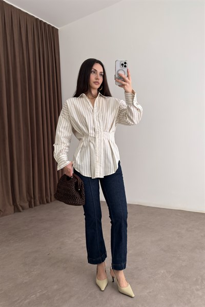 Premium Çizgili Pileli Ekru Gömlek