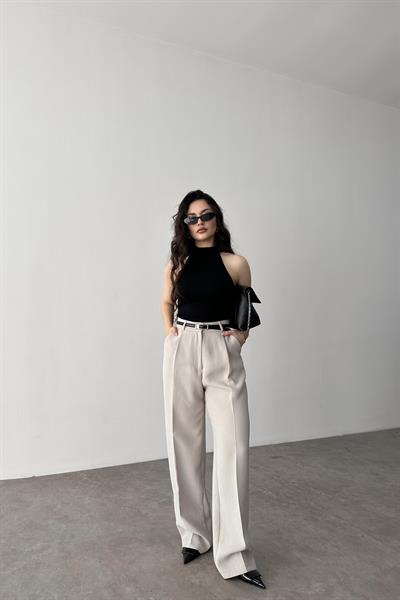 Premium Crep Kumaş Pensli Palazzo Pantolon Taş