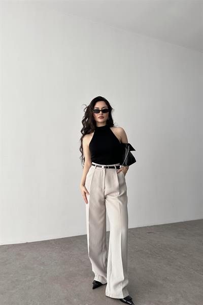 Premium Crep Kumaş Pensli Palazzo Pantolon Taş