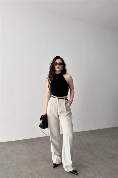 Premium Crep Kumaş Pensli Palazzo Pantolon Taş