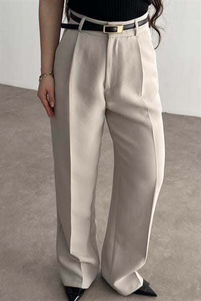 Premium Crep Kumaş Pensli Palazzo Pantolon Taş