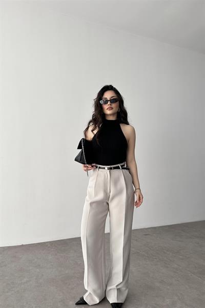 Premium Crep Kumaş Pensli Palazzo Pantolon Taş