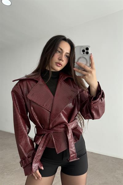 Premium Croko Bordo Deri Ceket