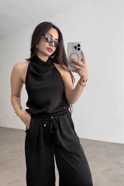 Premium Degaje Sırt Dekolteli Saten Bluz Pantolon Takım Siyah