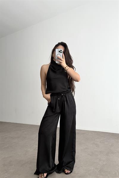 Premium Degaje Sırt Dekolteli Saten Bluz Pantolon Takım Siyah