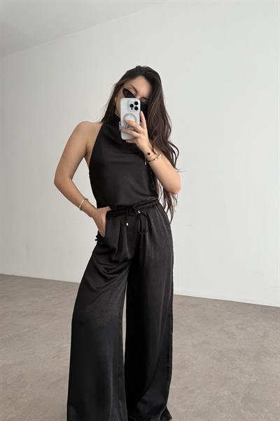 Premium Degaje Sırt Dekolteli Saten Bluz Pantolon Takım Siyah