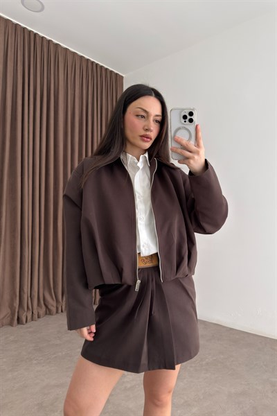 Premium Deri Aksesuarlı Drapeli Kahve Ceket Etek Takım