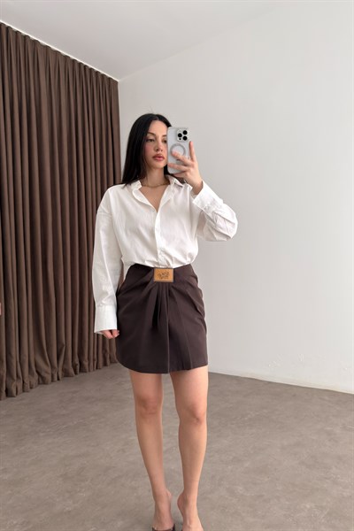 Premium Deri Aksesuarlı Drapeli Kahve Ceket Etek Takım