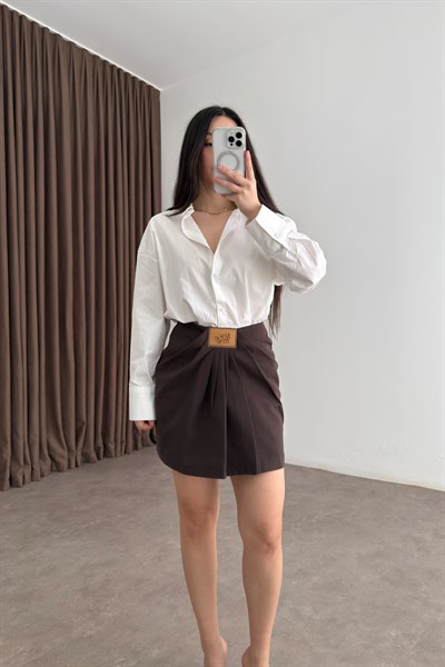 Premium Deri Aksesuarlı Drapeli Kahve Ceket Etek Takım