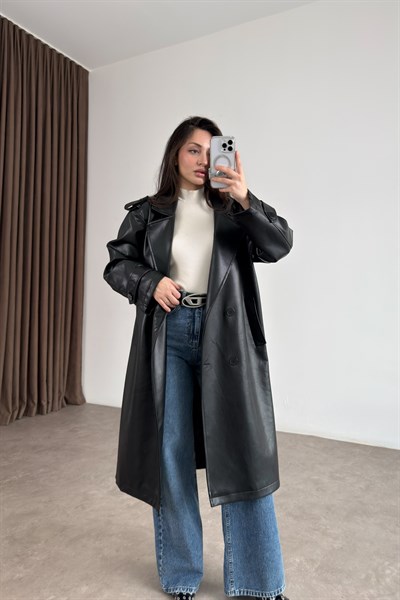 Premium Deri Kuşaklı Uzun Siyah  Trençkot