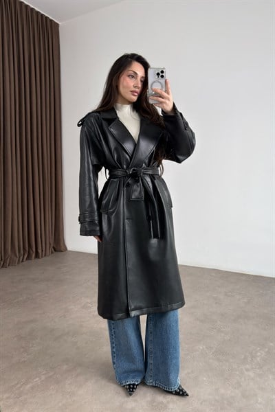 Premium Deri Kuşaklı Uzun Siyah  Trençkot