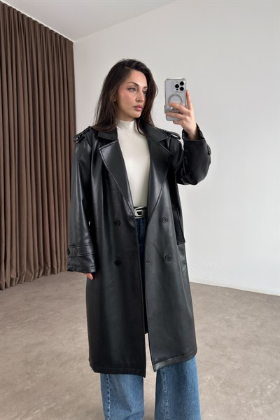 Premium Deri Kuşaklı Uzun Siyah  Trençkot