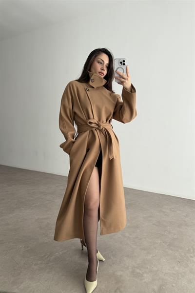 Premium Diana Dik Yakalı Kaşe Kaban Camel