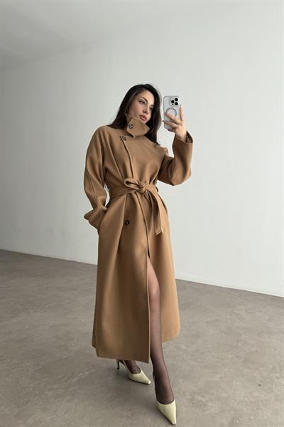 Premium Diana Dik Yakalı Kaşe Kaban Camel