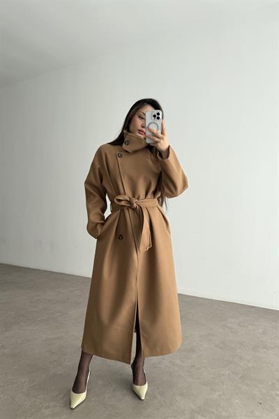 Premium Diana Dik Yakalı Kaşe Kaban Camel