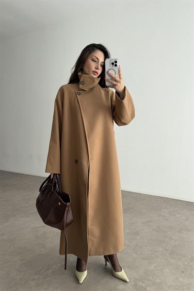 Premium Diana Dik Yakalı Kaşe Kaban Camel