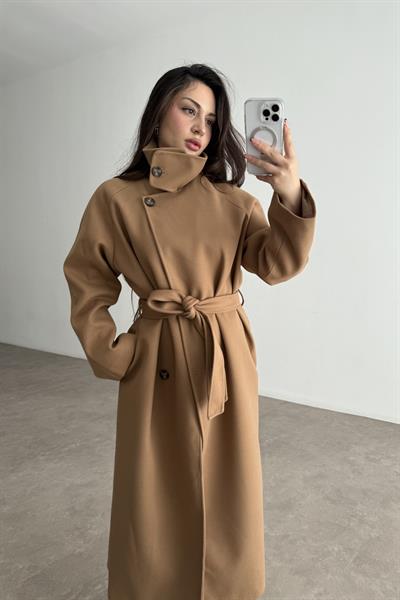 Premium Diana Dik Yakalı Kaşe Kaban Camel