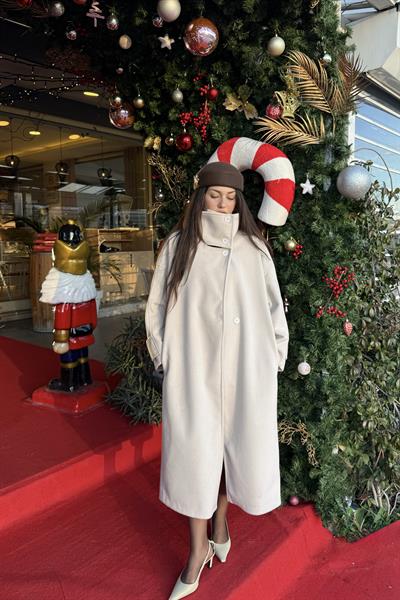 Premium Diana Dik Yakalı Kaşe Kaban Ekru