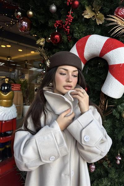 Premium Diana Dik Yakalı Kaşe Kaban Ekru