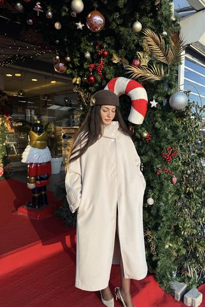 Premium Diana Dik Yakalı Kaşe Kaban Ekru