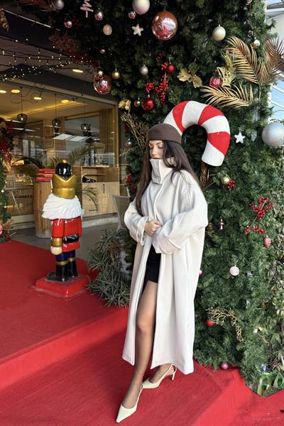 Premium Diana Dik Yakalı Kaşe Kaban Ekru