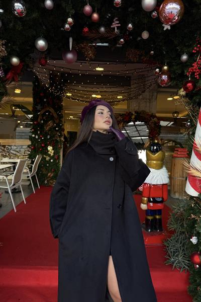 Premium Diana Dik Yakalı Kaşe Kaban Siyah