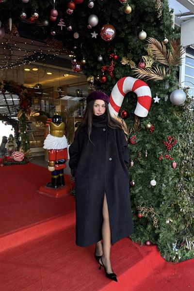 Premium Diana Dik Yakalı Kaşe Kaban Siyah