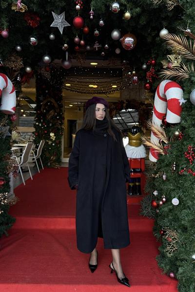 Premium Diana Dik Yakalı Kaşe Kaban Siyah