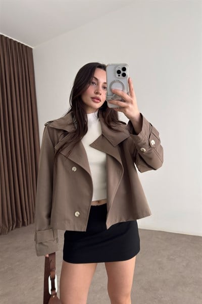 Premium Dik Yaka Detaylı Kısa Boz Kahve Trençkot