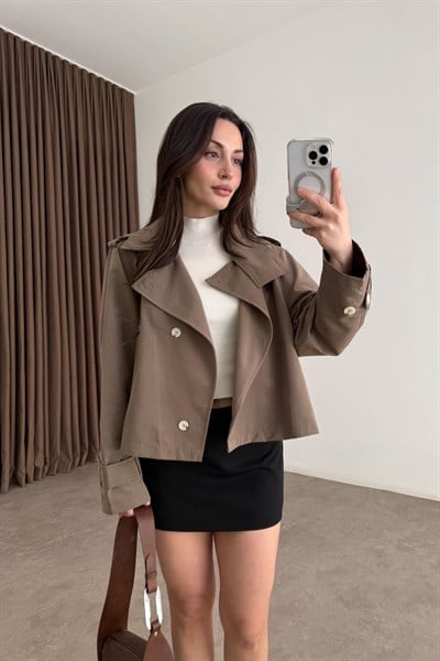 Premium Dik Yaka Detaylı Kısa Boz Kahve Trençkot